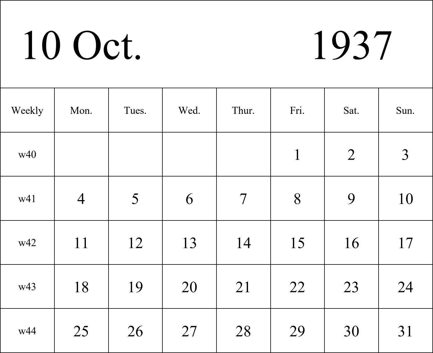 日历表1937年日历 英文版 纵向排版 周一开始 带周数